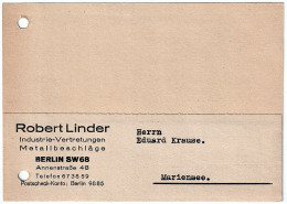 Firmen Postkarte Robert Linder Industrie-Vertretungen Metalbeschlage Berlin SW 68 Annenstrase 48 - WW2 18.08.1944 - Autres & Non Classés