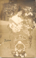 Souvenir Photo Postcard Elegant Woman Hat Flower Basket - Photographie