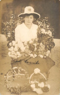 Souvenir Photo Postcard Elegant Woman Hat Flower Basket - Photographs