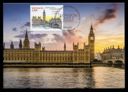 MONACO (2022) Carte Maximum Card LONDON 2022 International Stamp Exhibition, House Of Commons Big Ben Westminster Bridge - Cartes-Maximum (CM)