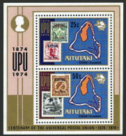 Aitutaki 103a, MNH. Michel Bl.2. UPU-100, 1974. Map, Stamp On Stamp.  - Aitutaki