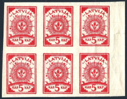 Latvia 3 Imperf Block/6, MNH. Michel 3B. Arms. Paper With Ruled Lines, 1919. - Letland