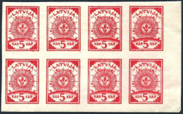 Latvia 3 Imperf Block/8, MNH. Michel 3B. Arms. Paper With Ruled Lines, 1919. - Lettonie
