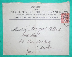 N°138 SEMEUSE BELLE NUANCE ROUGE ORANGE ENVELOPPE ENTETE SOCIETES DE TIR DE FRANCE PARIS POUR AUCH GERS 1916 LETTRE - 1906-38 Säerin, Untergrund Glatt