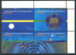 Nauru 415-418a Block, MNH. Mi 410-413. UN-50, 1995. Coat Of Arms, Canoe, Jet. - Nauru