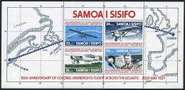 Samoa 453a, MNH. Michel Bl.13. Colonel Lindbergh's Flight-50, 1977. Plane, Map. - Samoa