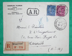 N°202 + 205 SEMEUSE LIGNEE RECOMMANDE 1F75 MALLEMORT BOUCHES DU RHONE POUR MARSEILLE 1932 LETTRE COVER FRANCE - 1903-60 Säerin, Untergrund Schraffiert