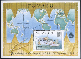 Tuvalu 528 SPECIMEN,MNH.Michel 549 Bl.41. 1st Voyage Of MV Nivaga II,1988.Map. - Tuvalu (fr. Elliceinseln)