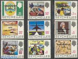 Seychelles 1976 Independence 9v, Mint NH, History - Nature - Transport - Various - Coat Of Arms - Turtles - Aircraft &.. - Airplanes