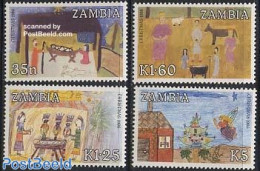 Zambia 1986 Christmas 4v, Mint NH, Religion - Christmas - Art - Children Drawings - Kerstmis