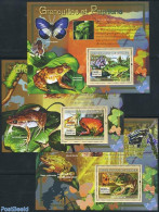 Guinea, Republic 2007 Frogs & Butterflies 3 S/s, Mint NH, Nature - Animals (others & Mixed) - Butterflies - Frogs & To.. - Andere & Zonder Classificatie