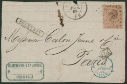 émission 1865 - N°19 Sur Fragment Obl Ambulant Pt O.3 (Ouest 3) + Griffe Encadrée COURTRAY > Paris - 1865-1866 Profil Gauche