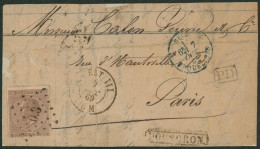 émission 1865 - N°19 Sur Fragment Obl Ambulant Pt O.3 (Ouest 3) + Griffe Encadrée MOUSCRON > Paris - 1865-1866 Profile Left