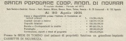 Banca Popolare Coop. Anon. Di Novara - Torino - Pubblicità 1934 - Advert. - Advertising