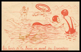 * CP SYSTEME PAR TRANSPARENCE - EFFET CACHE - NATATION - LES BORDS DE LA SEINE EN AVAL DU TROCADERO - ILLUSTRATION - Dreh- Und Zugkarten