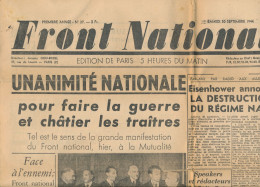 FRONT NATIONAL Samedi 30 Septembre 1944, N° 37, Unanimité Nationale, Mutualité, Siegfried, Vélodrome D'Hiver, Eisenhower - General Issues