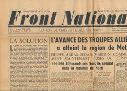 FRONT NATIONAL, Dimanche 3 Septembre 1944, N° 12, Metz, Dieppe, Arras, Sedan, Verdun, Commercy, De Gaulle, F.F.I. - Algemene Informatie