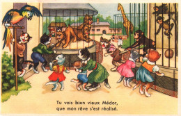 Chat - Cpa Illustrateur - Chats Humanisés Au Zoo  - Katze Cat - Katten