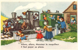 Chat - Cpa Illustrateur - Chats Humanisés à La Gare - Train Passage à Niveau  - Katze Cat - Gatos