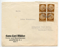 Germany 1938 Cover; Leipzig - Hans Carl Müller, Felle Und Rauchwaren To Schiplage; 3pf. Hindenburg X 4 - Covers & Documents