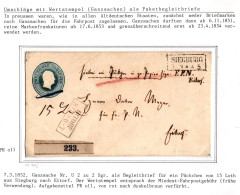 Preußen Ganzsache U2 Von 1852 Als Paketbegleitbrief Aus Siegburg #IB624 - Prefilatelia