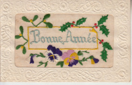 BONNE ANNEE -  Fleurs - Pensées - Houx - Gui - Brodées