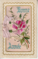 BONNE ANNEE -  Carte Double - Fleurs - Muguet - Rose - Brodées