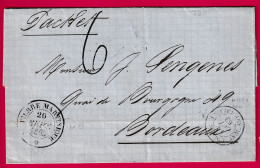 ST PIERRE MARTINIQUE 1863 TAXE 6 VOIE ANGLAISE POUR BORDEAUX LETTRE - 1849-1876: Classic Period