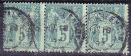 FRANCE N°75 En Bande De 3 Oblitérée, Type Sage  5c Vert Type 2 - 1876-1898 Sage (Type II)