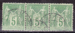 FRANCE N°102 En Bande De 3 Oblitérée, Type Sage 5c Vert-jaune Type 1 - 1876-1898 Sage (Tipo II)