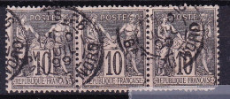 FRANCE N°89 En Bande De 3 Oblitérée, Type Sage 10c Noir Sur Lilas Type 2 - 1876-1898 Sage (Type II)