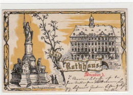 39028308 - Dresden, Lithographie Mit Rathaus Und Siegesdenkmal Gelaufen Von 1898. Gute Erhaltung. - Dresden