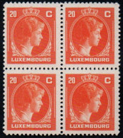 Luxembourg 1946 GD Charlotte 20c Orange, Block X 4, MNH ** Mi 349 (Ref: 2077) - Unused Stamps