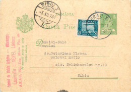 Romania Postal Card 1931 Sibiu Arad Royalty Franking Stamps - Roumanie