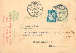 Romania Postal Card 1931 Sibiu Arad Royalty Franking Stamps - Romania