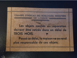 36 - Plaque Cartonné Rigide "Chambre Syndicale Des Horlogers - Bijoutiers De L' INDRE" - Other & Unclassified