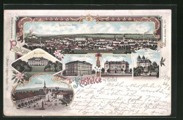 Lithographie Adler Kosteletz / Kostelec Nad Orlici, Namesti, Rolnicka Skola, Kostel Sv Jiri  - Tschechische Republik