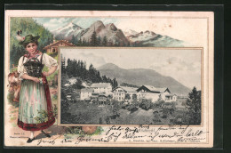 Passepartout-Lithographie Kufstein-Wildbichl, Ortsansicht Gegen Die Alpen, Tirolerin In Tracht  - Autres & Non Classés