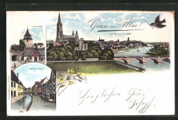 Lithographie Ulm, Partie An Der Blau, Zündeltor, Totalansicht  - Ulm