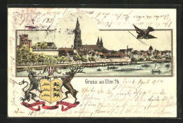 Lithographie Ulm, Totalansicht Mit Donau, Wappen  - Ulm