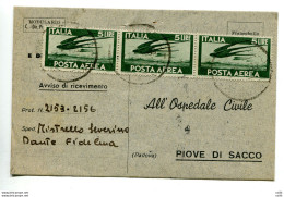 Posta Aerea Lire 5 Striscia Di Tre Su Avviso Di Ricevimento - 1946-60: Storia Postale