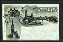Mondschein-Lithographie Ulm, Saal-Bau, Donaupartie Mit Münster  - Ulm