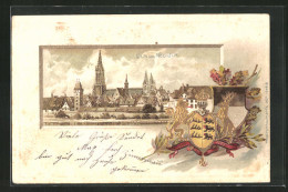 Passepartout-Lithographie Ulm, Teilansicht Von Neu-Ulm Aus Gesehen, Wappen  - Autres & Non Classés