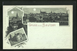 Mondschein-Lithographie Bautzen, Teilansicht, Die Neue Maria-Martha Kirche, Die Alte Kaserne  - Bautzen