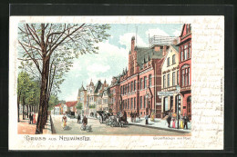 Lithographie Neumünster, Grossflecken Mit Geschäften Und Post  - Neumuenster