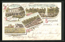 Lithographie Dortmund, Schützenhof, Sportplatz, Springbrunnen  - Dortmund