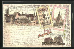 Lithographie Nürnberg, Germanisches Museum, Albrecht-Dürer-Haus, Schöner Brunnen  - Nuernberg