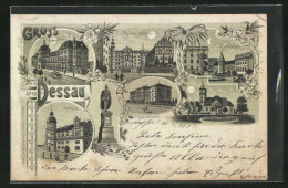 Mondschein-Lithographie Dessau, Residenzschloss, Lustgarten, Antoinettenschule  - Dessau