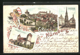 Lithographie Nürnberg, Kaiserstallung, Schöner Brunnen Und Frauenkirche, Burg  - Nürnberg