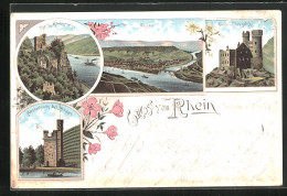 Lithographie Bingen, Burg Rheinstein, Mäuseturm, Ruine Ehrenfels  - Bingen